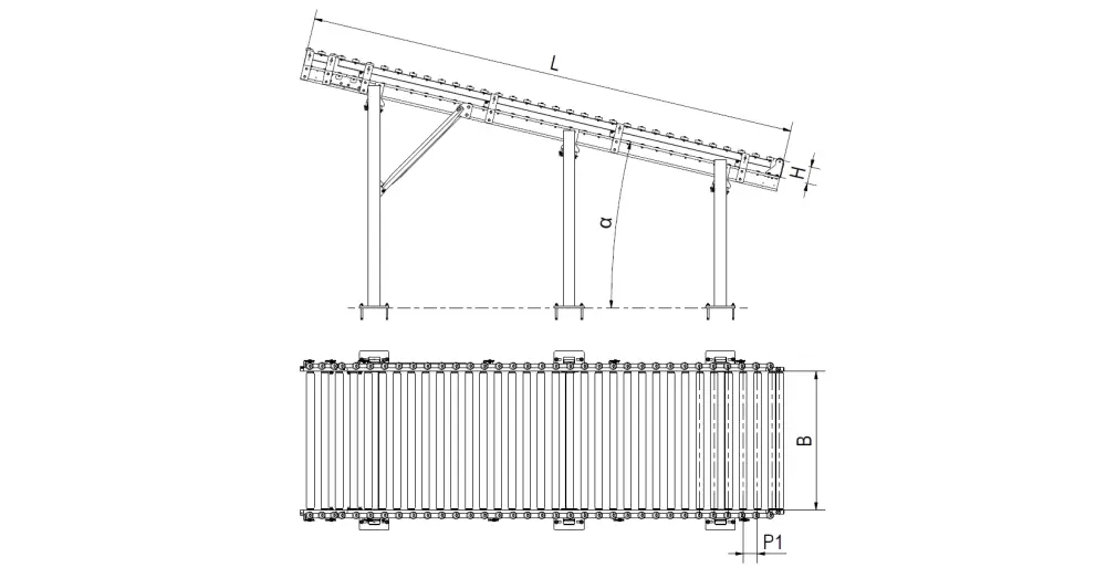 Przenośnik rolkowy grawitacyjny  - prosty szkic